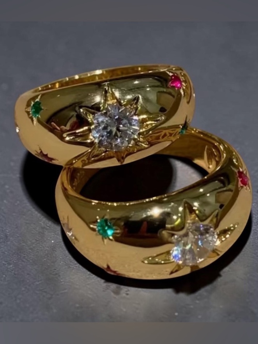 18k Gold Plated Dome Ring with Pink and Green Star CZ Accents.